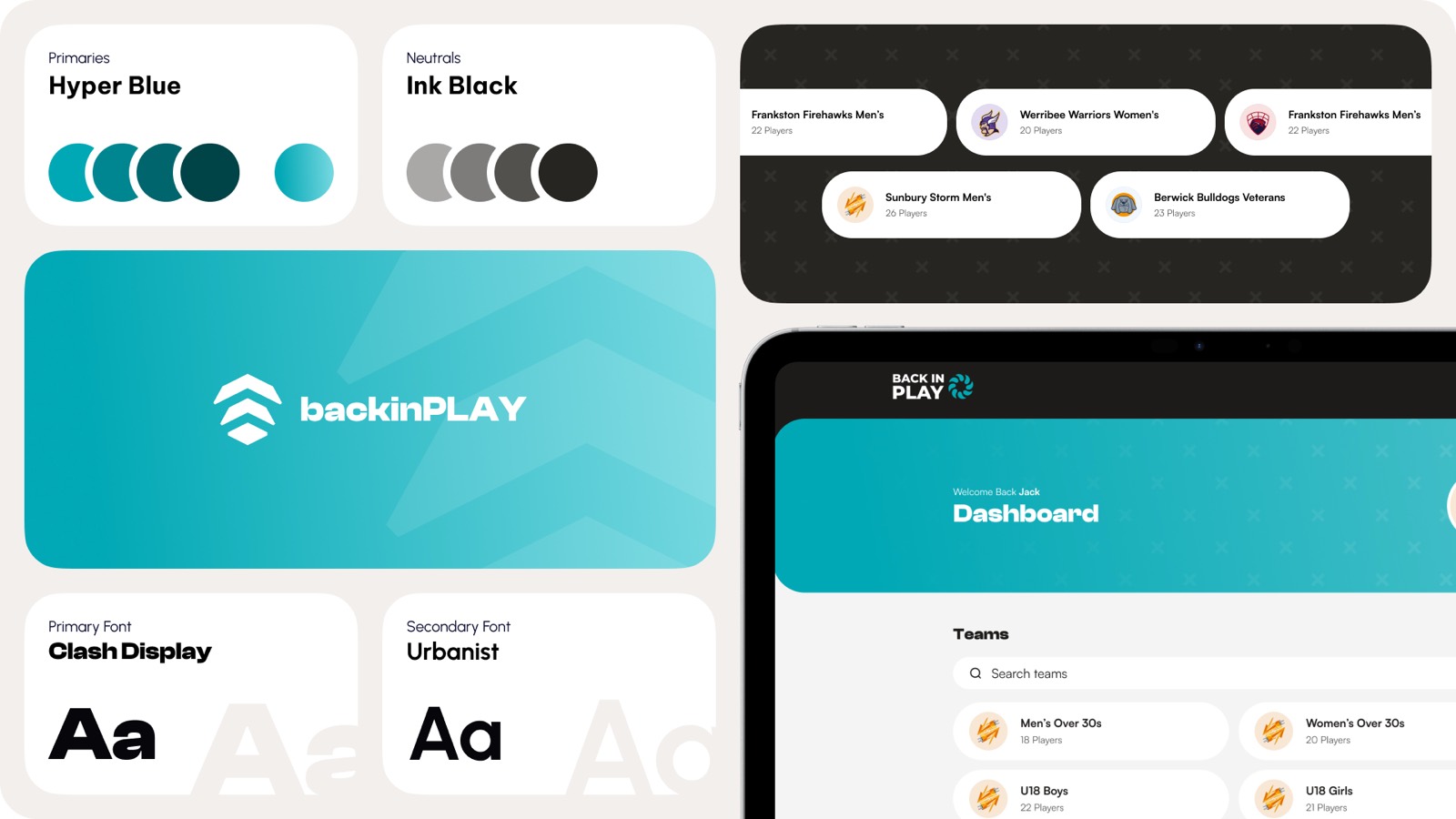 Back in Play brand board — hyper blue on ink black