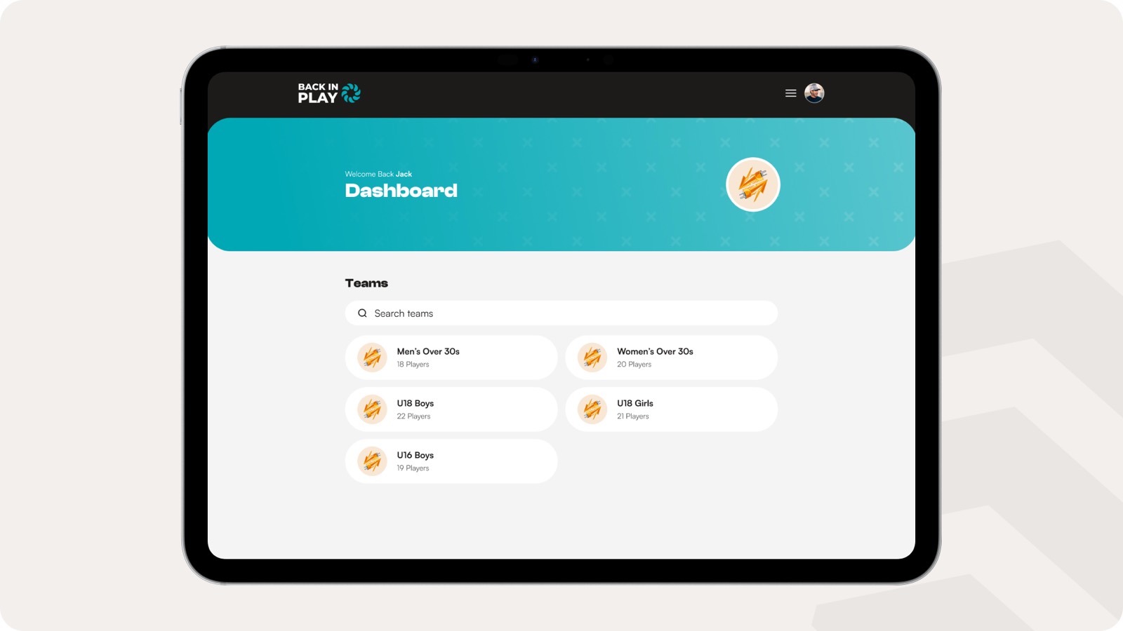 Back in Play team dashboard for community sports clubs