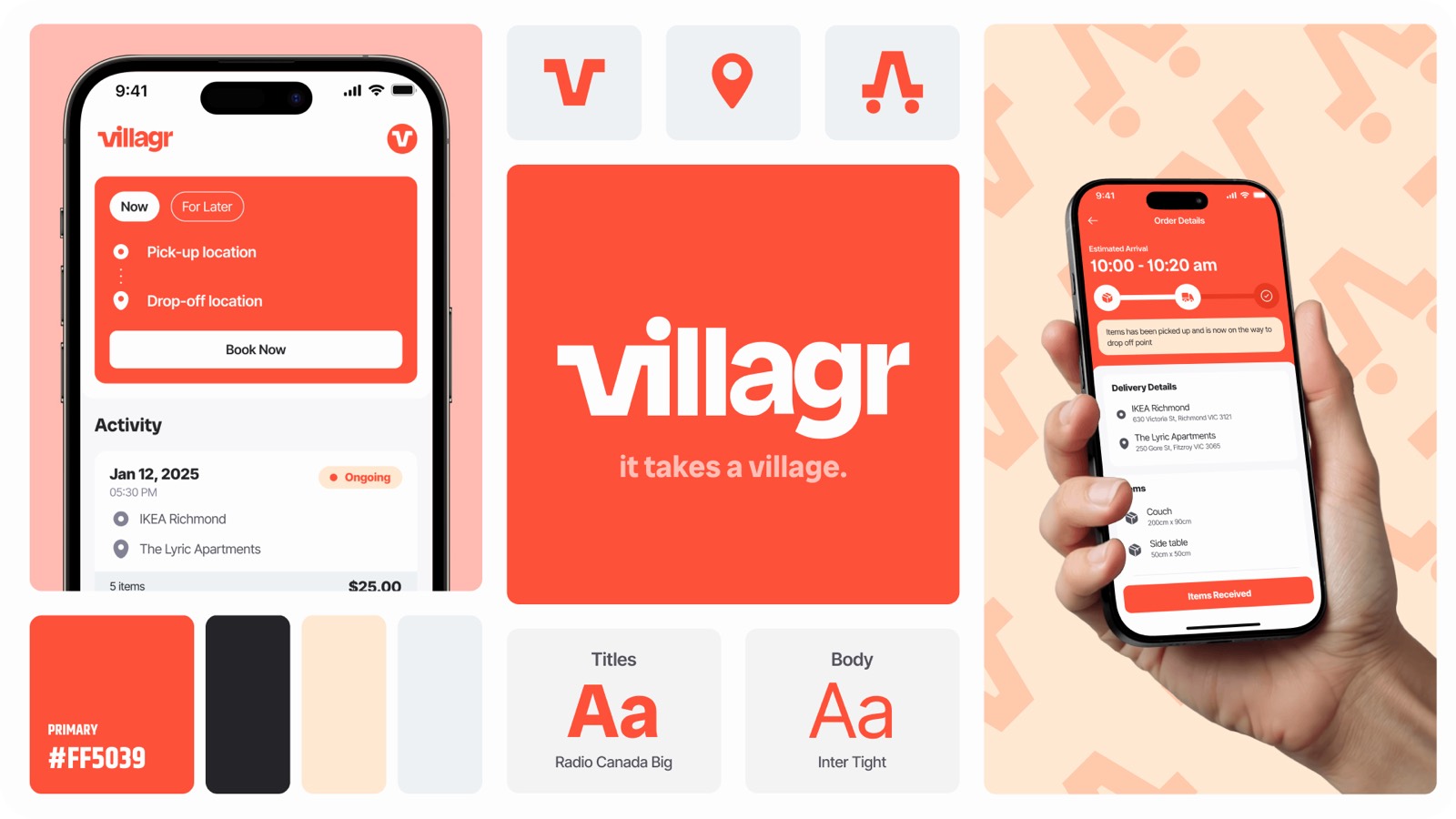Villagr brand board — vermilion, 'it takes a village'